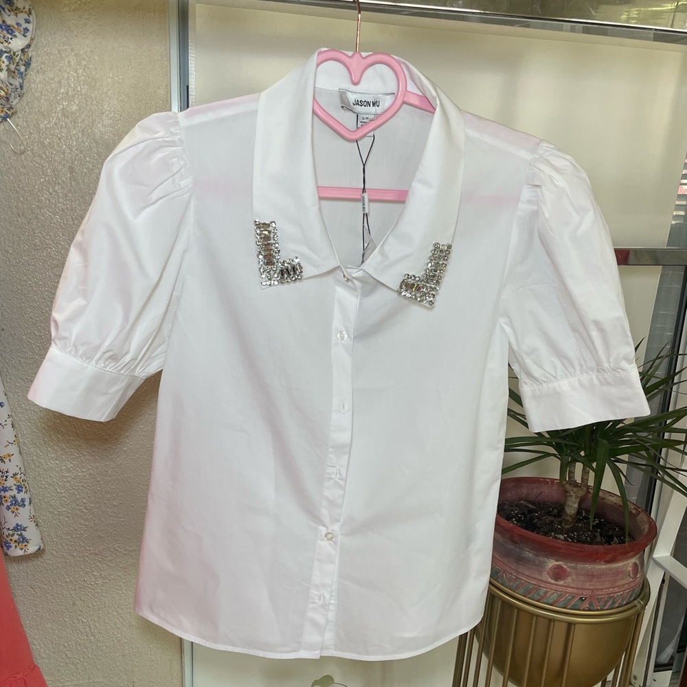 Jason Wu Embellished White Button Down Cotton Blouse Size Xs Quite luxury - Picture 2 of 5